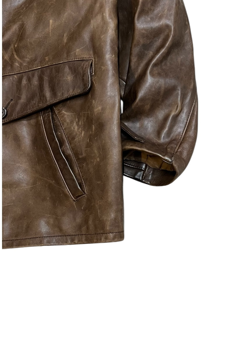 90'S ZIP LEATHER JACKET / BROWN [SIZE: M USED]