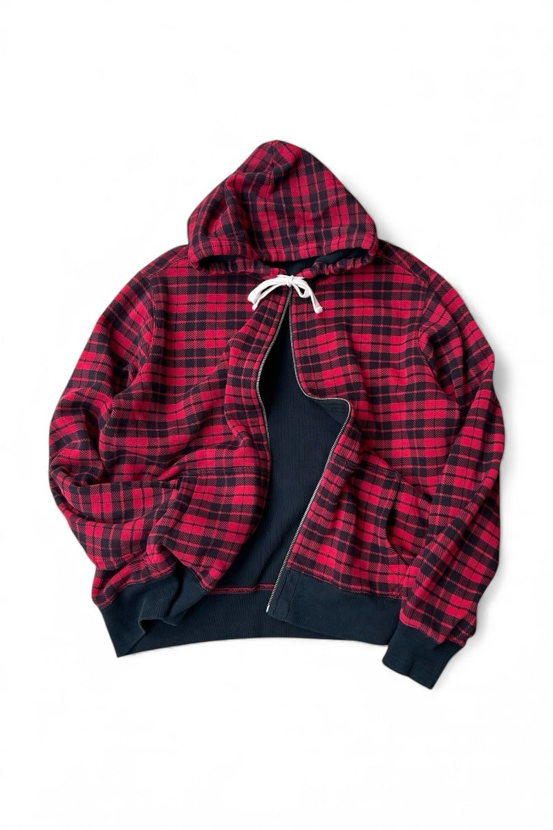 90'S EXCLUSIVE OF DECORATION CHECK SWEAT HOODIE / RED [SIZE: XL USED]