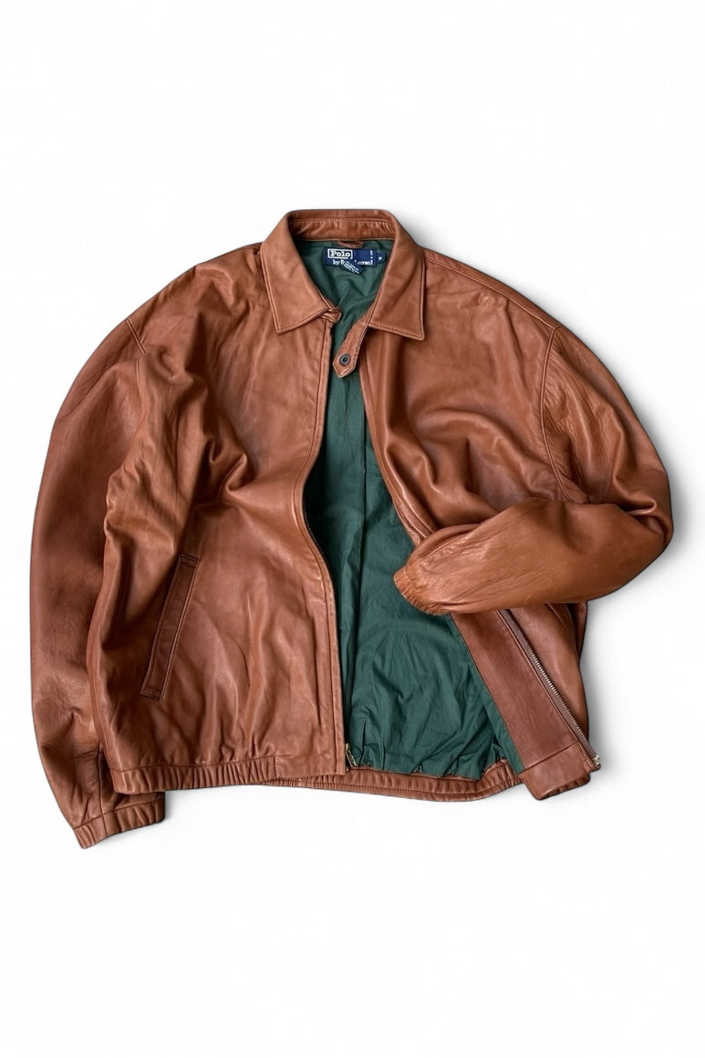 90'S LAMB LEATHER ZIP JACKET / BROWN [SIZE: M USED]