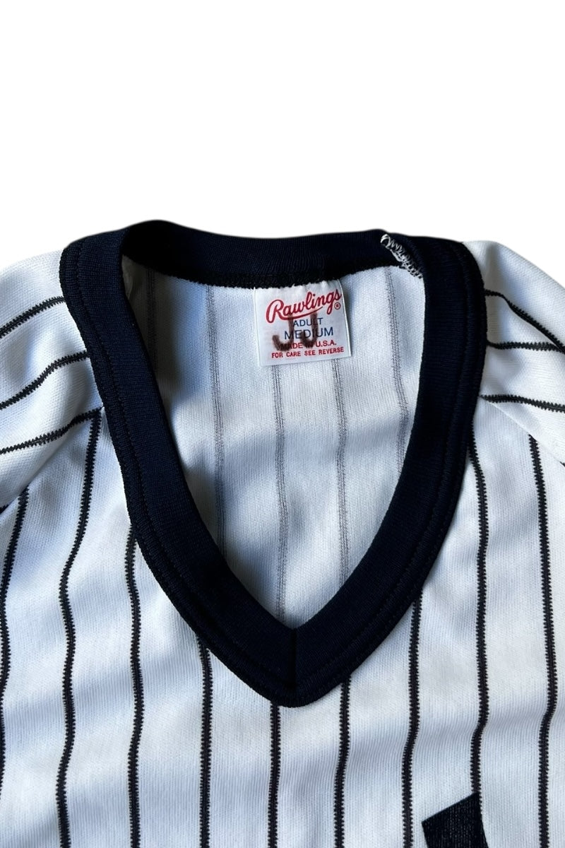 MADE IN USA 80-90'S NY YANKEES V-NECK T-SHIRT / STRIPE [SIZE: M USED]