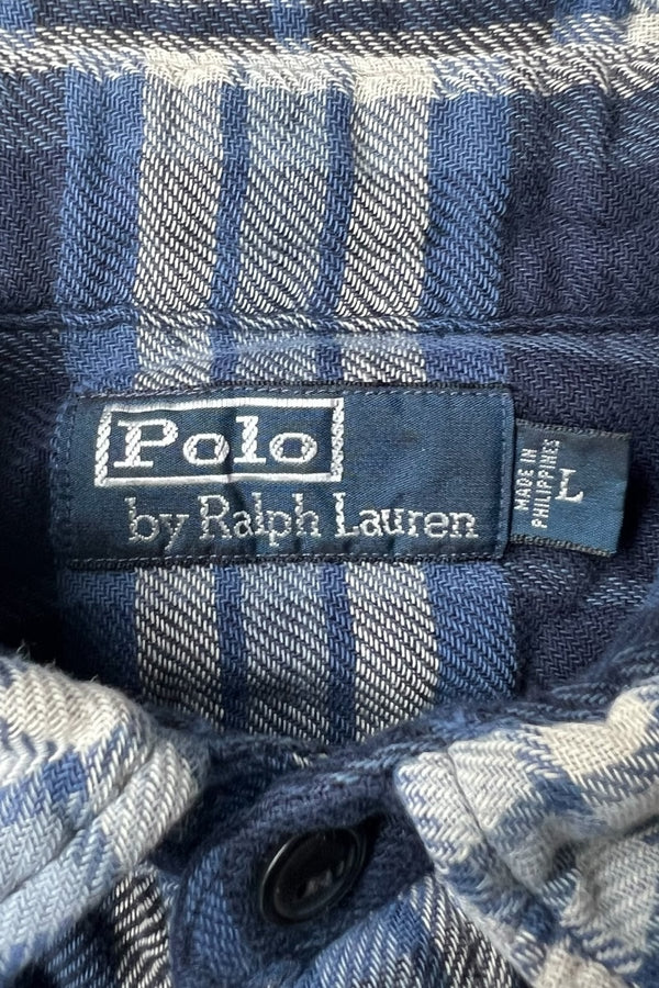90'S L/S FLANNEL CHECK SHIRT W/GINGHAM CHECK LINER / BLUE [SIZE: L USED]
