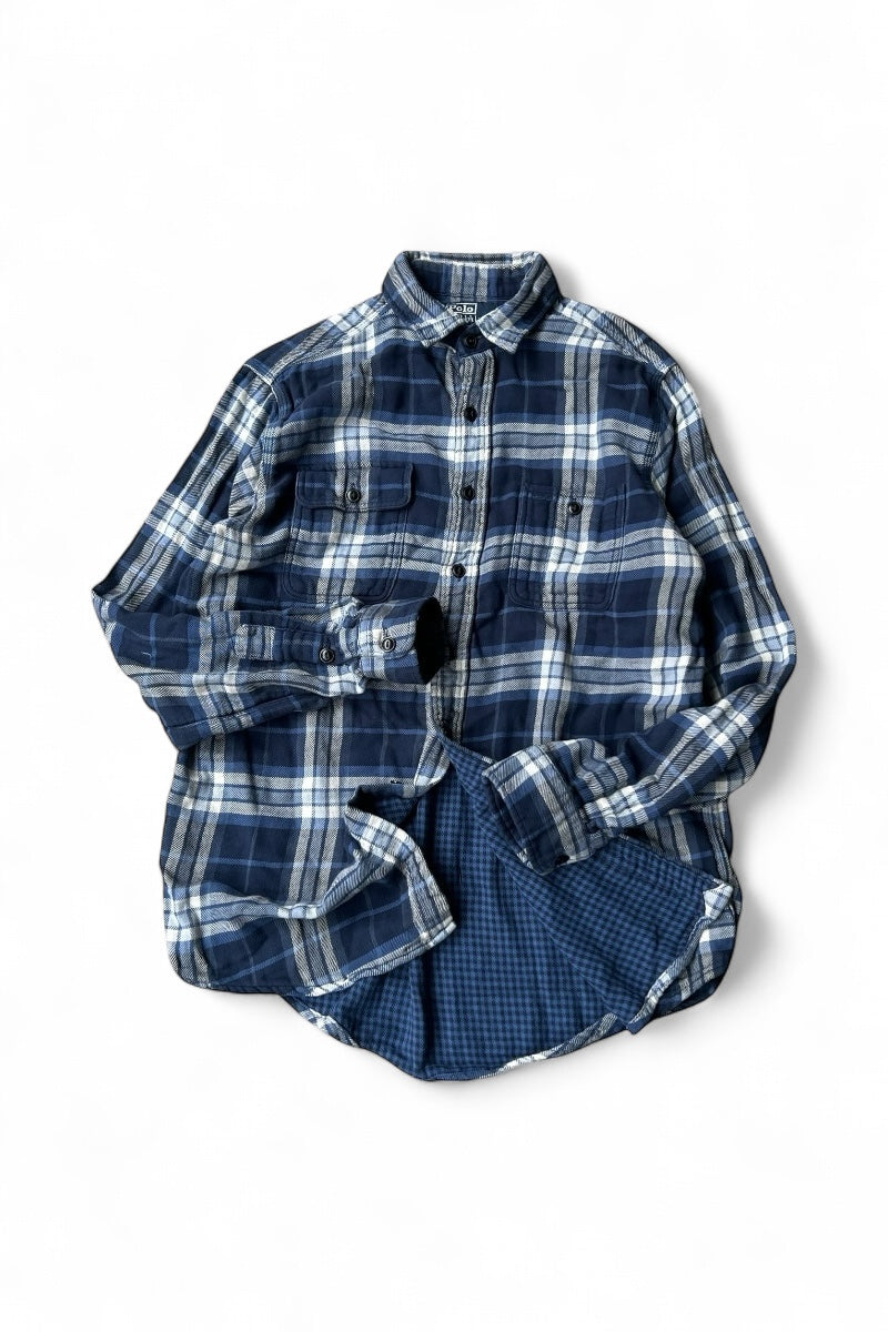 90'S L/S FLANNEL CHECK SHIRT W/GINGHAM CHECK LINER / BLUE [SIZE: L USED]