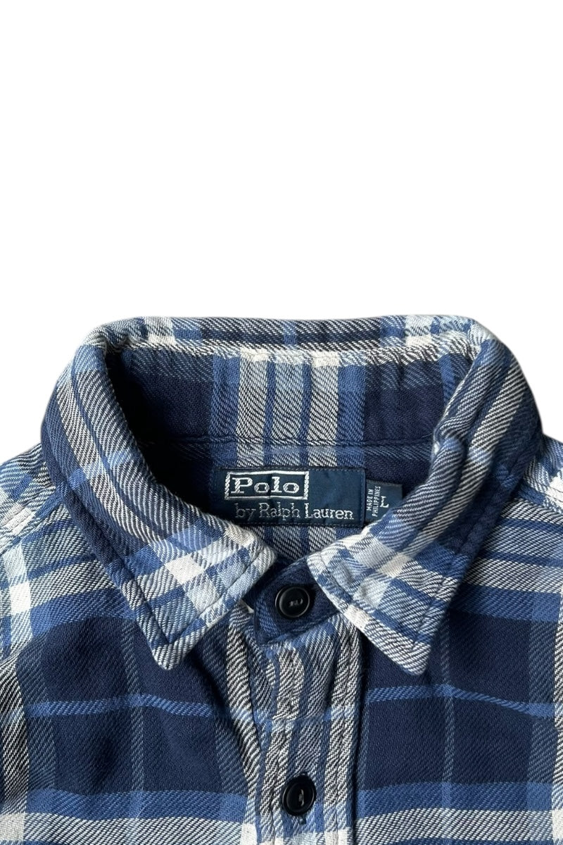 90'S L/S FLANNEL CHECK SHIRT W/GINGHAM CHECK LINER / BLUE [SIZE: L USED]