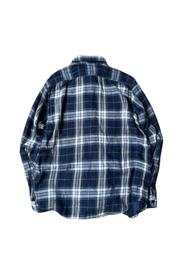 90'S L/S FLANNEL CHECK SHIRT W/GINGHAM CHECK LINER / BLUE [SIZE: L USED]