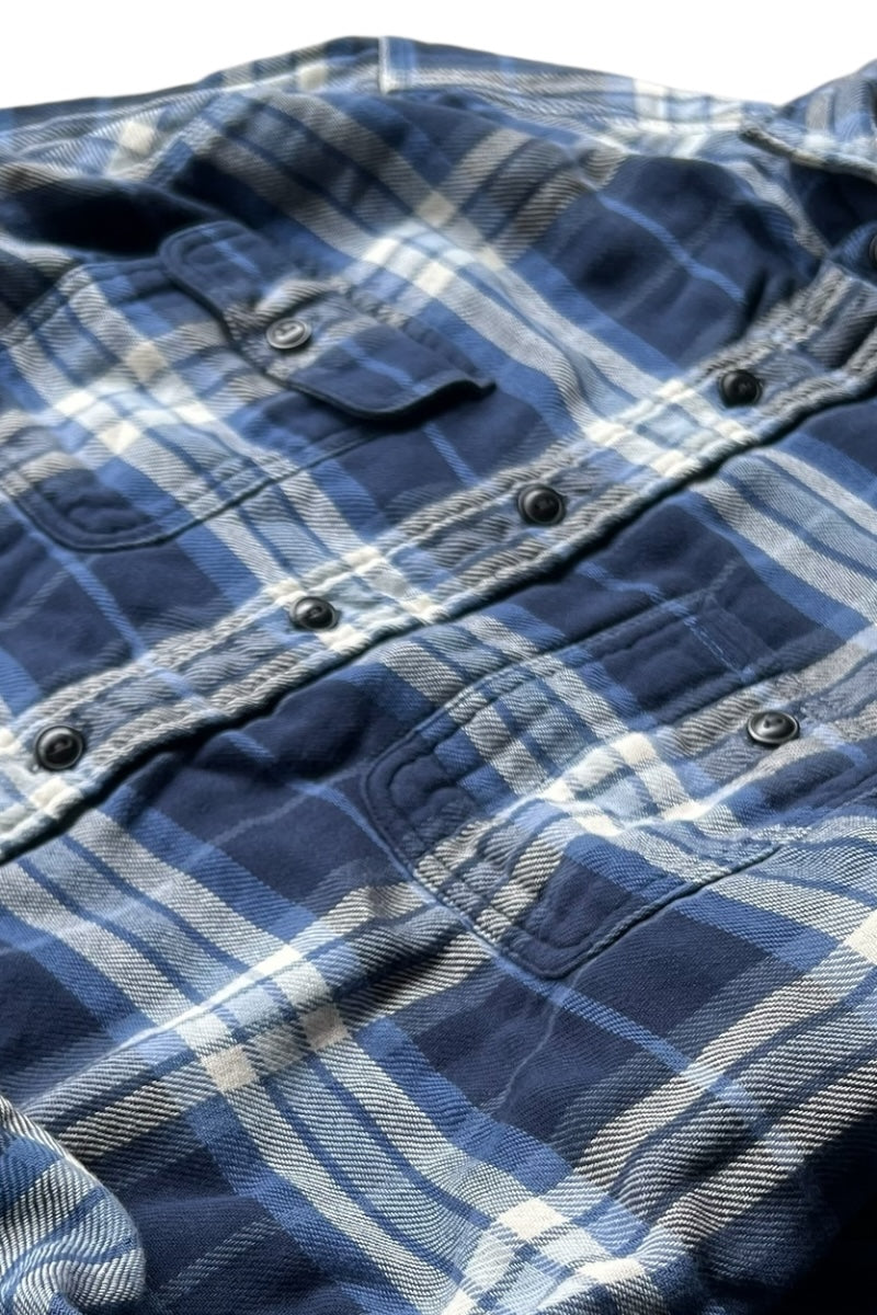 90'S L/S FLANNEL CHECK SHIRT W/GINGHAM CHECK LINER / BLUE [SIZE: L USED]