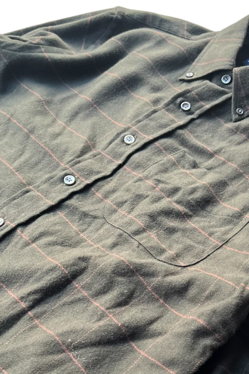 MADE IN ITALY 90'S L/S BD CHECK WOOL SHIRT / OLIVE [SIZE: M USED]