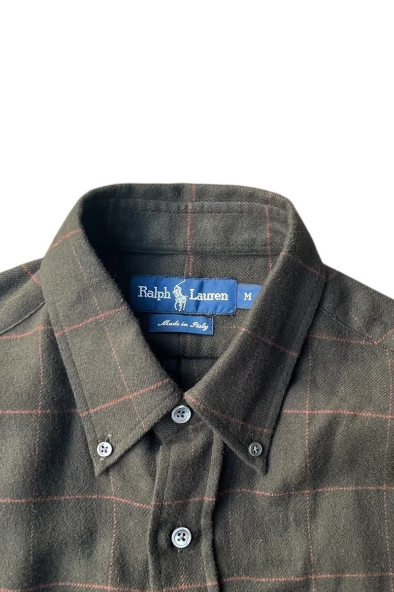 MADE IN ITALY 90'S L/S BD CHECK WOOL SHIRT / OLIVE [SIZE: M USED]