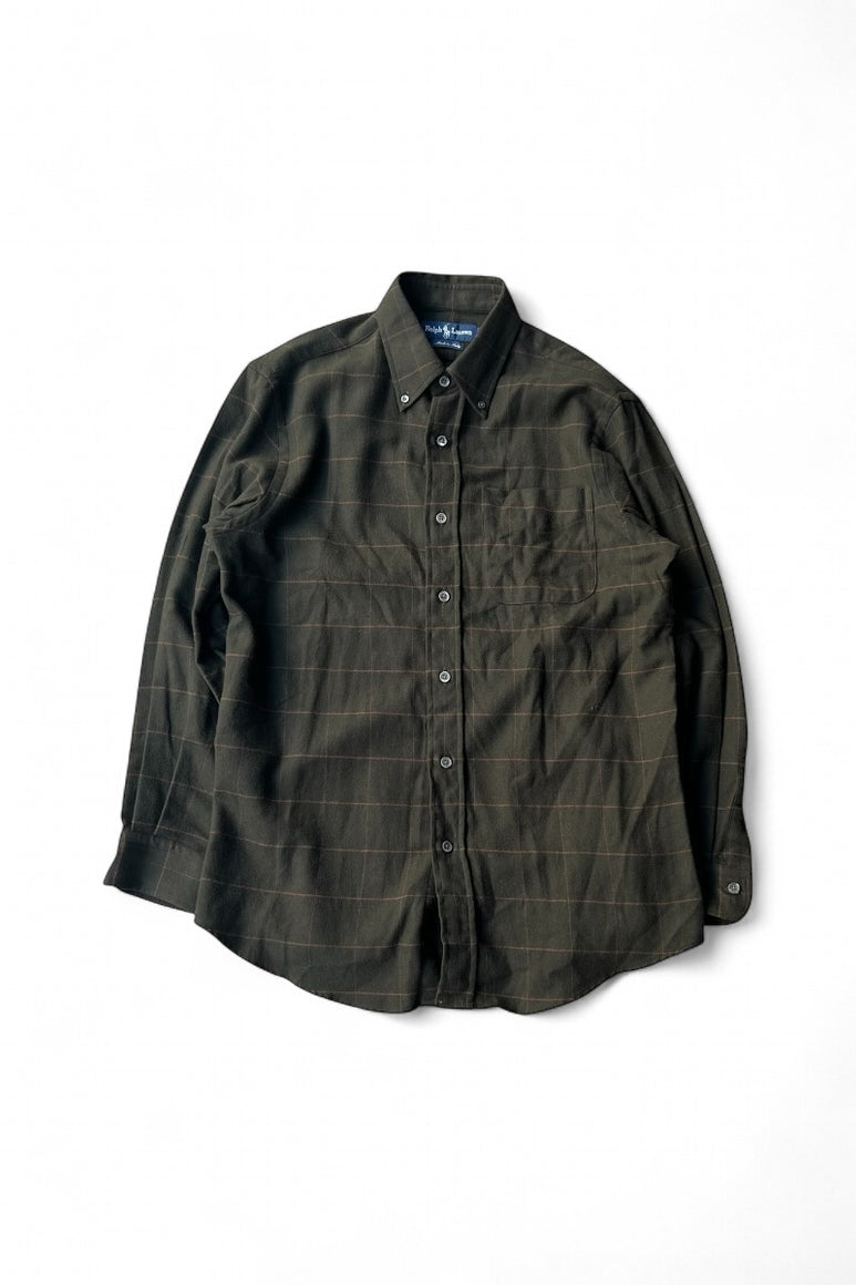 MADE IN ITALY 90'S L/S BD CHECK WOOL SHIRT / OLIVE [SIZE: M USED]
