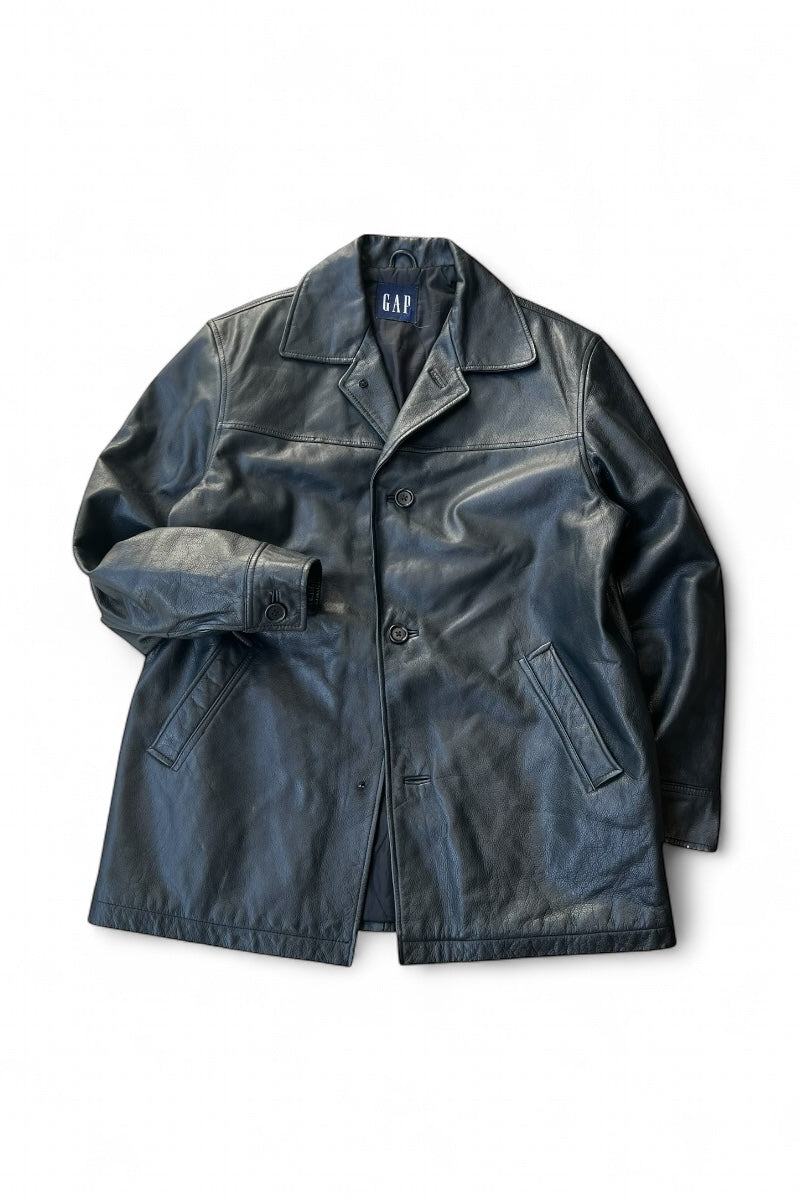Y2K EARLY 00'S LEATHER CAR COAT / BLACK [SIZE: M USED]