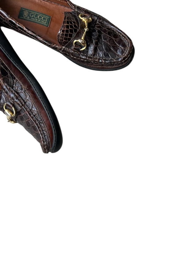 MADE IN ITALY 80'S CROCODILE LEATHER HORSEBIT LOAFERS / BROWN [SIZE: 42 (27cm相当) USED]