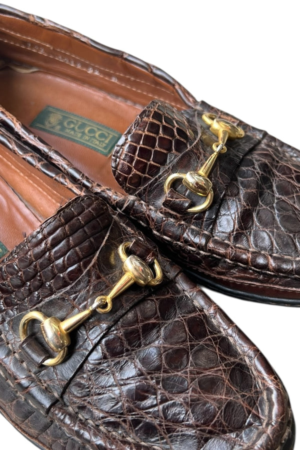 MADE IN ITALY 80'S CROCODILE LEATHER HORSEBIT LOAFERS / BROWN [SIZE: 42 (27cm相当) USED]