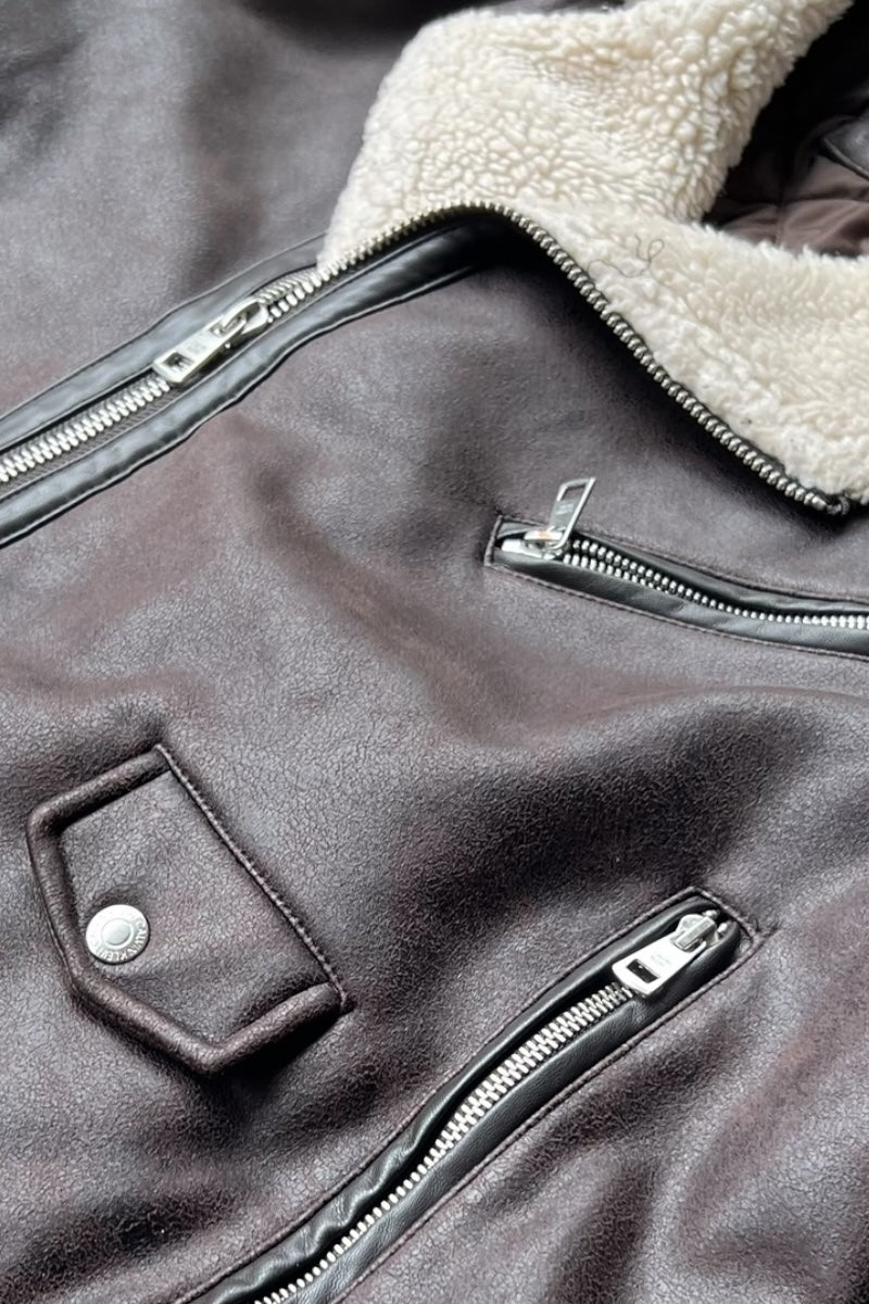 VEGAN LEATHER RIDERS JACKET / BROWN [SIZE: L USED]