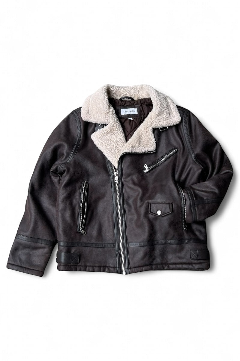 VEGAN LEATHER RIDERS JACKET / BROWN [SIZE: L USED]