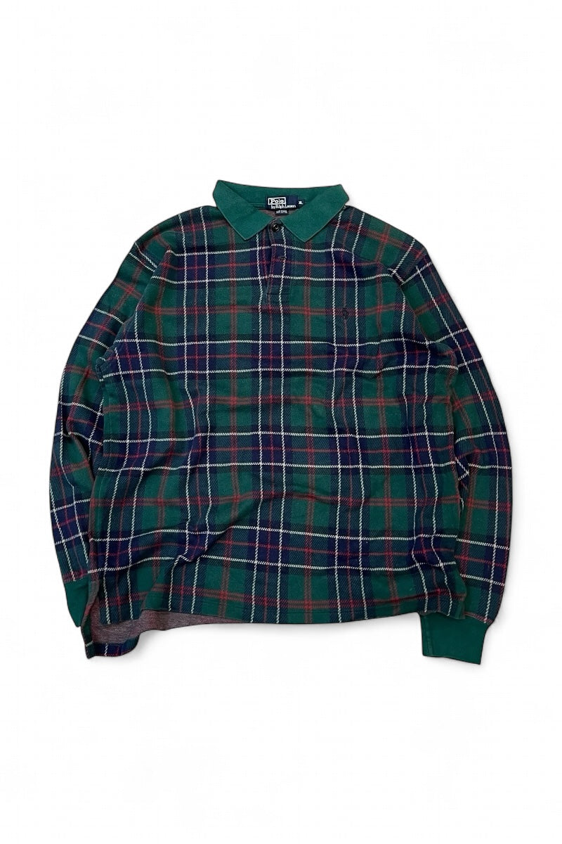 MADE IN USA 90'S ONE POINT LOGO L/S POLO SHIRT / CHECK [SIZE: XL USED]