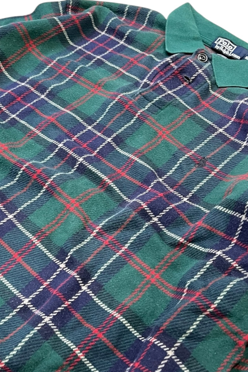 MADE IN USA 90'S ONE POINT LOGO L/S POLO SHIRT / CHECK [SIZE: XL USED]