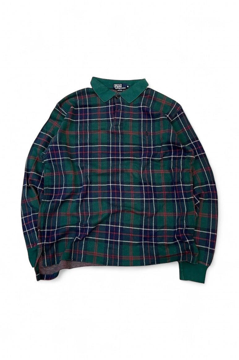 MADE IN USA 90'S ONE POINT LOGO L/S POLO SHIRT / CHECK [SIZE: XL USED]