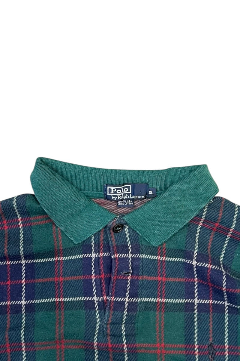 MADE IN USA 90'S ONE POINT LOGO L/S POLO SHIRT / CHECK [SIZE: XL USED]