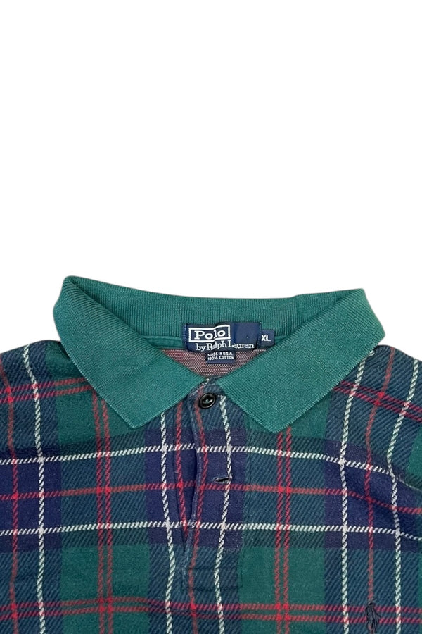 MADE IN USA 90'S ONE POINT LOGO L/S POLO SHIRT / CHECK [SIZE: XL USED]