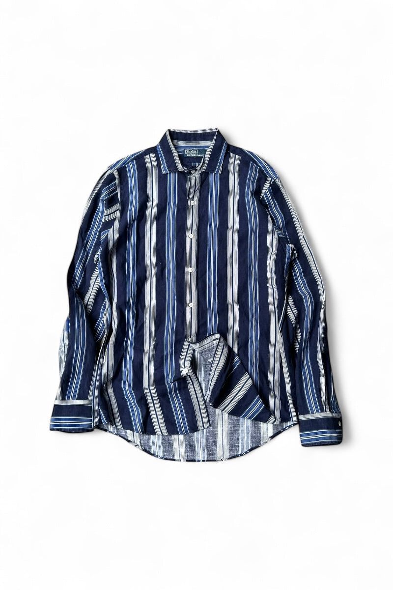 90'S L/S LINEN SILK STRIPE SHIRT / NAVY [SIZE: M USED]