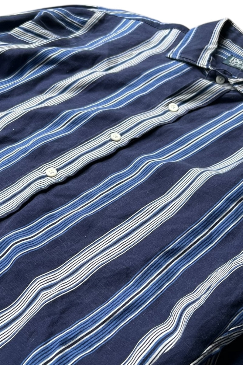 90'S L/S LINEN SILK STRIPE SHIRT / NAVY [SIZE: M USED]