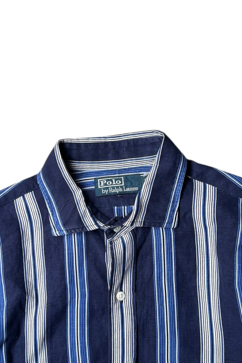 90'S L/S LINEN SILK STRIPE SHIRT / NAVY [SIZE: M USED]