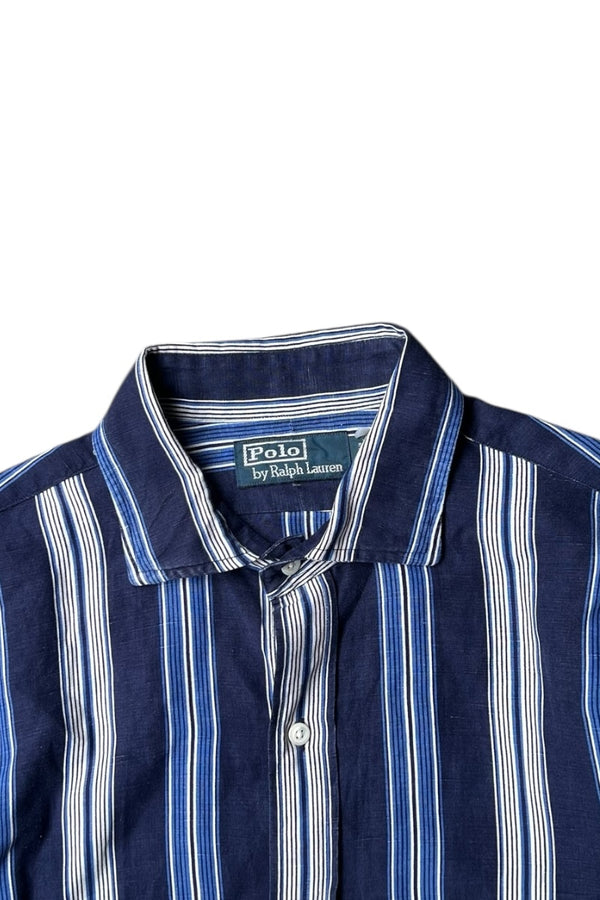 90'S L/S LINEN SILK STRIPE SHIRT / NAVY [SIZE: M USED]