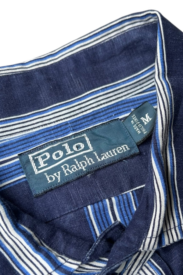90'S L/S LINEN SILK STRIPE SHIRT / NAVY [SIZE: M USED]