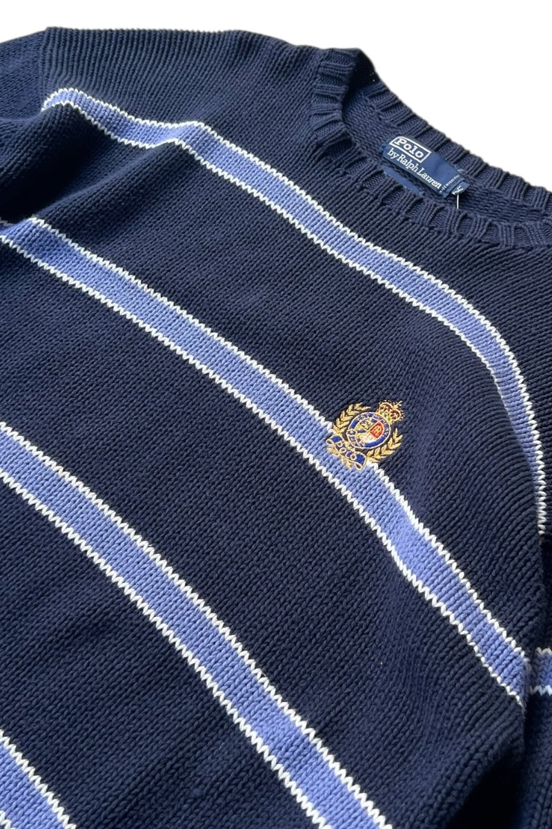 90'S COOKIE CREST BORDER COTTON KNIT SWEATER / NAVY [SIZE: L USED]