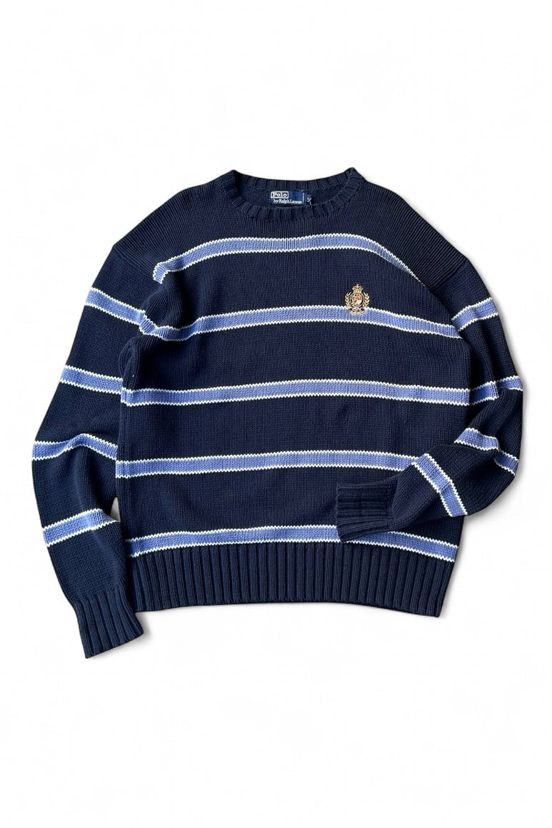 90'S COOKIE CREST BORDER COTTON KNIT SWEATER / NAVY [SIZE: L USED]