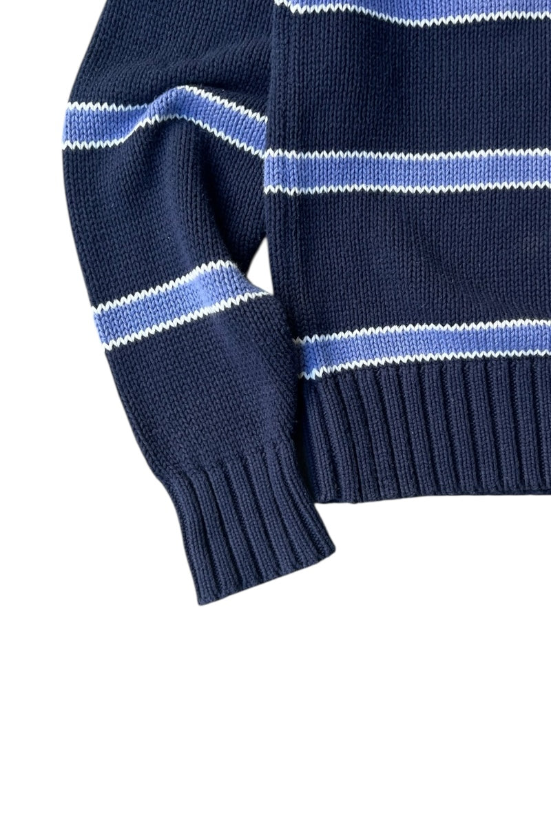 90'S COOKIE CREST BORDER COTTON KNIT SWEATER / NAVY [SIZE: L USED]