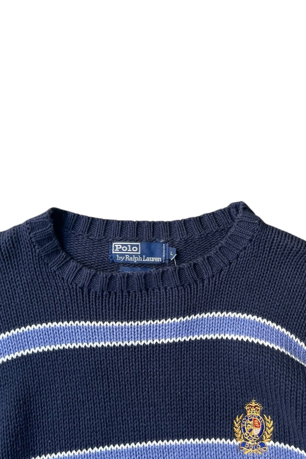 90'S COOKIE CREST BORDER COTTON KNIT SWEATER / NAVY [SIZE: L USED]