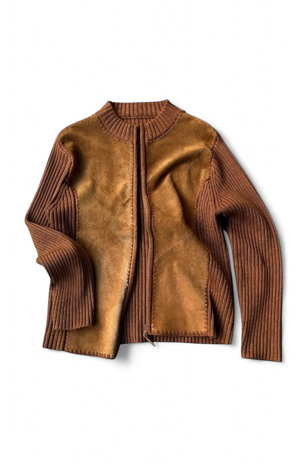 80'S SUEDE LEATHER SWITCHING KNIT JACKET / BROWN [SIZE: S USED]