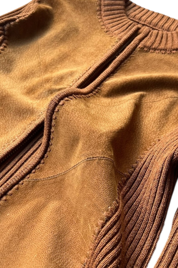 80'S SUEDE LEATHER SWITCHING KNIT JACKET / BROWN [SIZE: S USED]