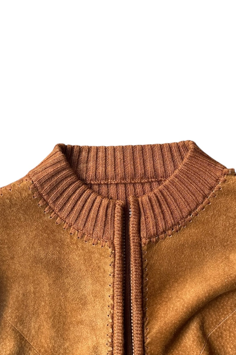 80'S SUEDE LEATHER SWITCHING KNIT JACKET / BROWN [SIZE: S USED]