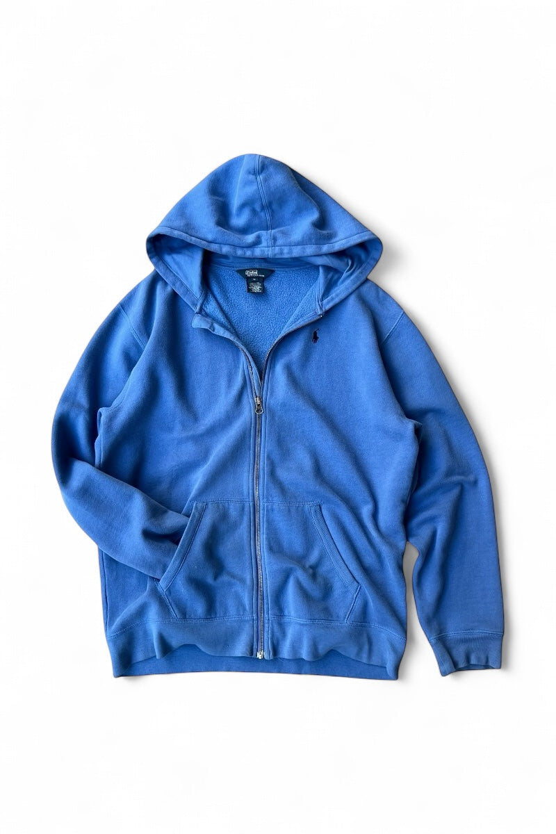 90'S ONE POINT LOGO ZIP UP HOODIE / BLUE [SIZE: XL USED]