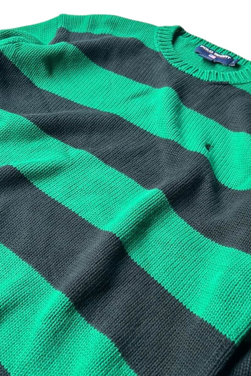 90'S BORDER COTTON KNIT SWEATER / GREEN [SIZE: L USED]