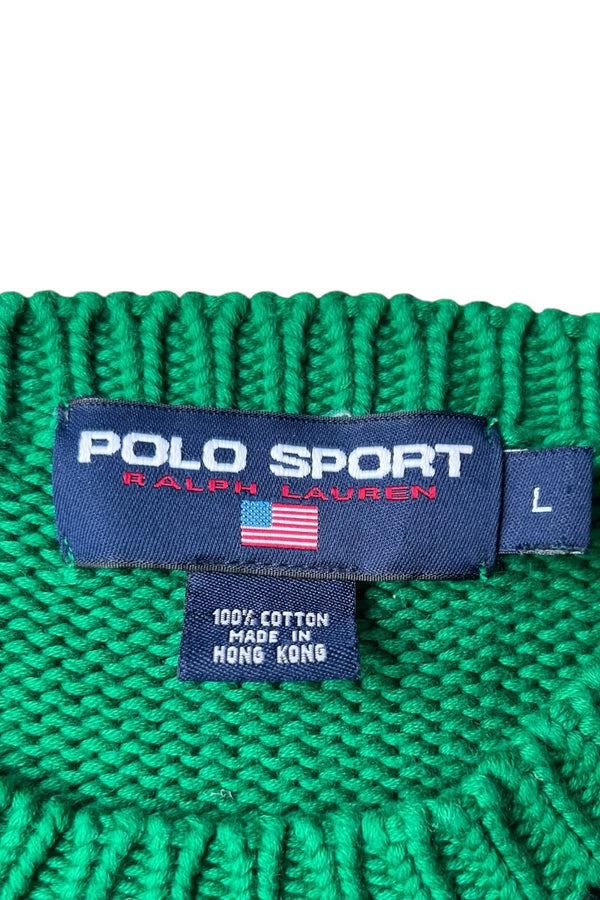90'S BORDER COTTON KNIT SWEATER / GREEN [SIZE: L USED]