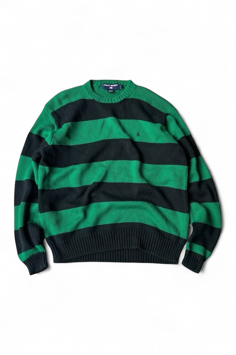 90'S BORDER COTTON KNIT SWEATER / GREEN [SIZE: L USED]