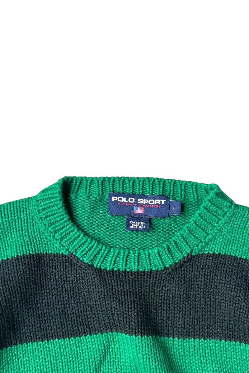 90'S BORDER COTTON KNIT SWEATER / GREEN [SIZE: L USED]