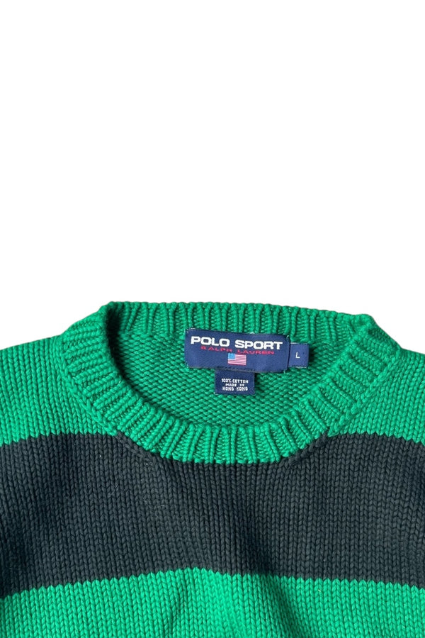 90'S BORDER COTTON KNIT SWEATER / GREEN [SIZE: L USED]