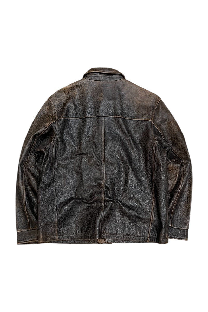 WORN BROWN LEATHER ZIP JACKET / BROWN [SIZE: M USED]