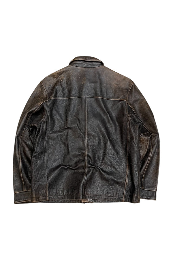 WORN BROWN LEATHER ZIP JACKET / BROWN [SIZE: M USED]