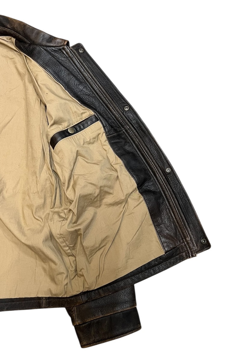 WORN BROWN LEATHER ZIP JACKET / BROWN [SIZE: M USED]