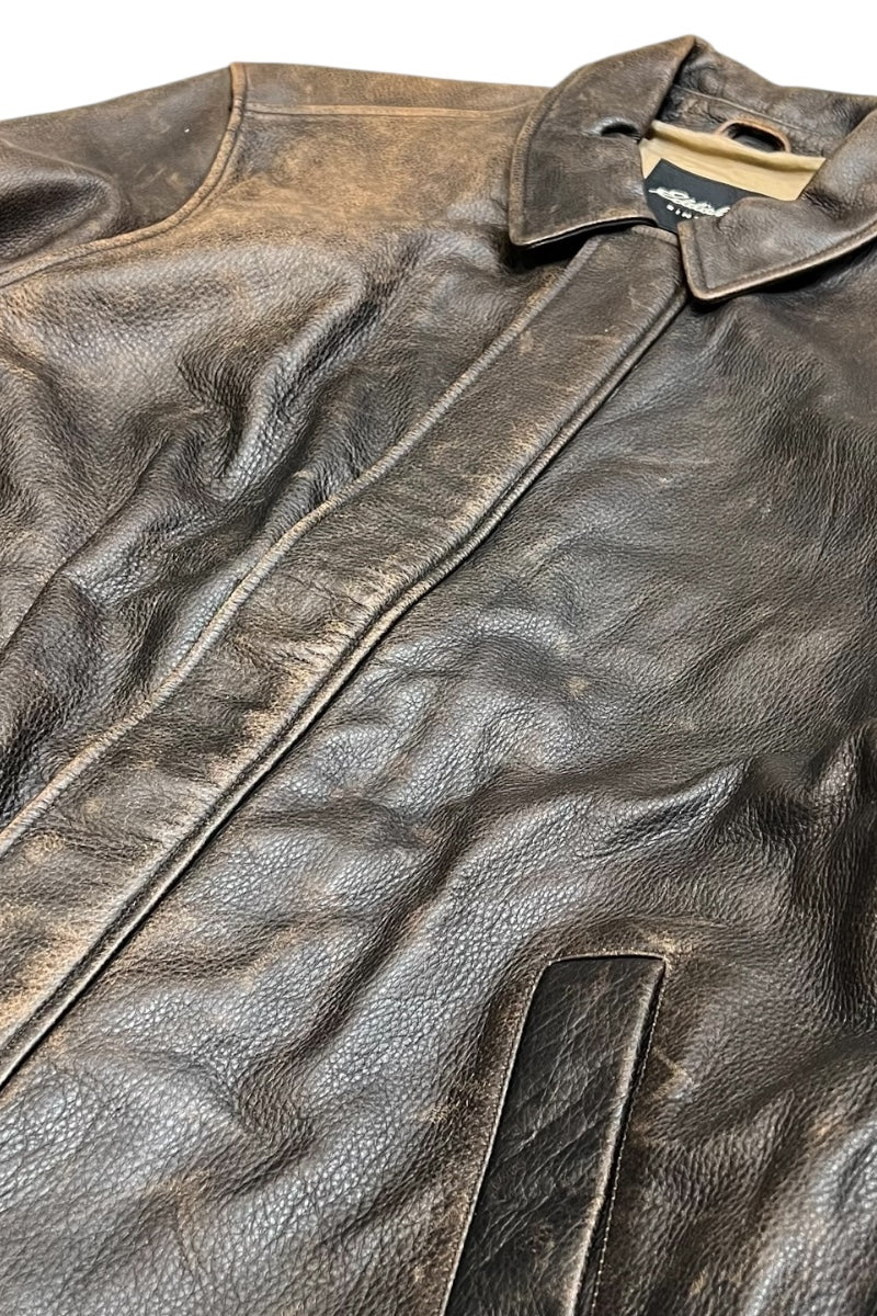 WORN BROWN LEATHER ZIP JACKET / BROWN [SIZE: M USED]