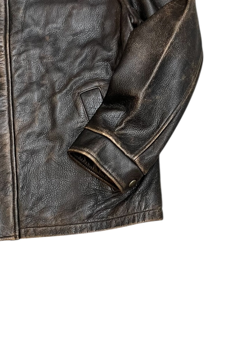 WORN BROWN LEATHER ZIP JACKET / BROWN [SIZE: M USED]