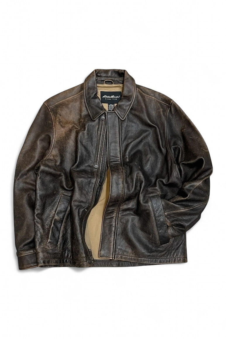 WORN BROWN LEATHER ZIP JACKET / BROWN [SIZE: M USED]
