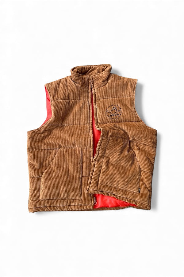 KROOKED/MARK GONZALES TRINITY SMILE CORDUROY PUFF VEST / BROWN [SIZE: L USED]