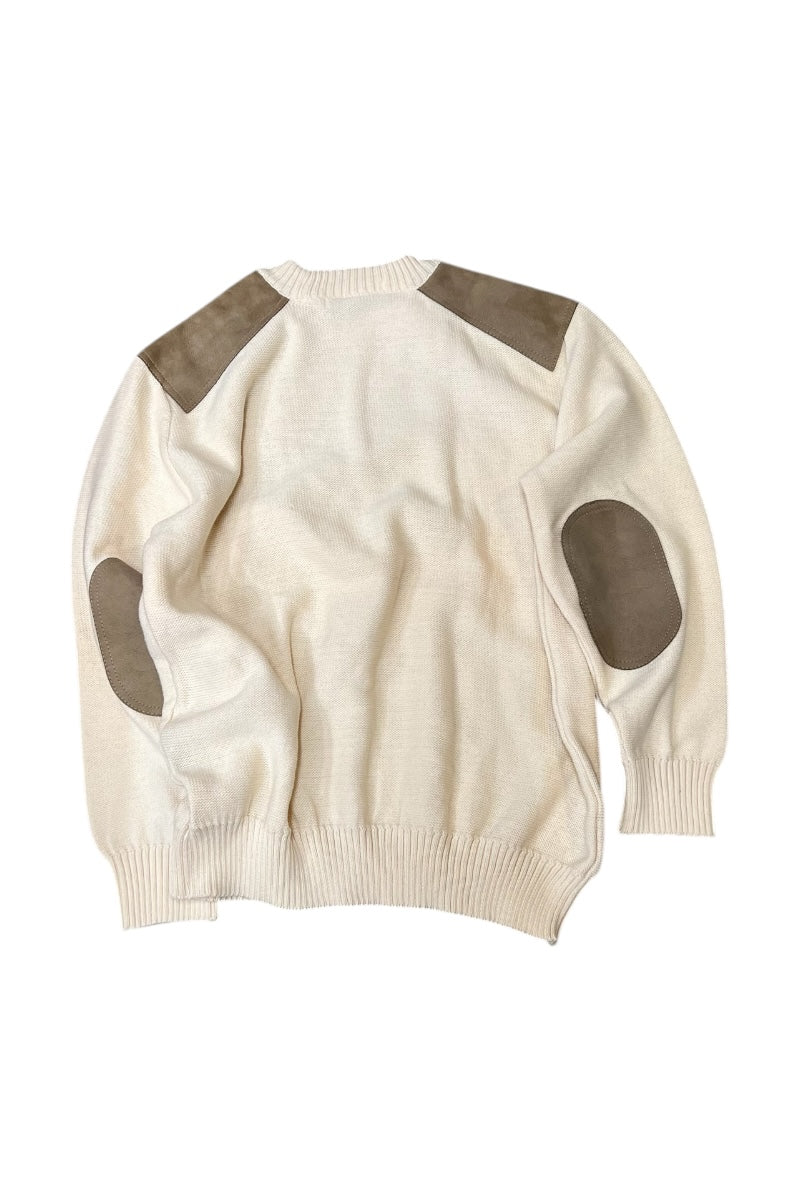 MADE IN ENGLAND 90'S WOOL SUEDE PATCH HUNTING KNIT SWEATER / WHITE [SIZE: M USED]