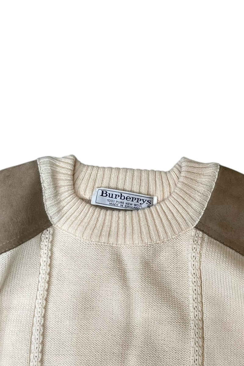 MADE IN ENGLAND 90'S WOOL SUEDE PATCH HUNTING KNIT SWEATER / WHITE [SIZE: M USED]