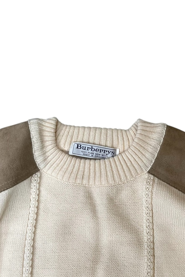 MADE IN ENGLAND 90'S WOOL SUEDE PATCH HUNTING KNIT SWEATER / WHITE [SIZE: M USED]